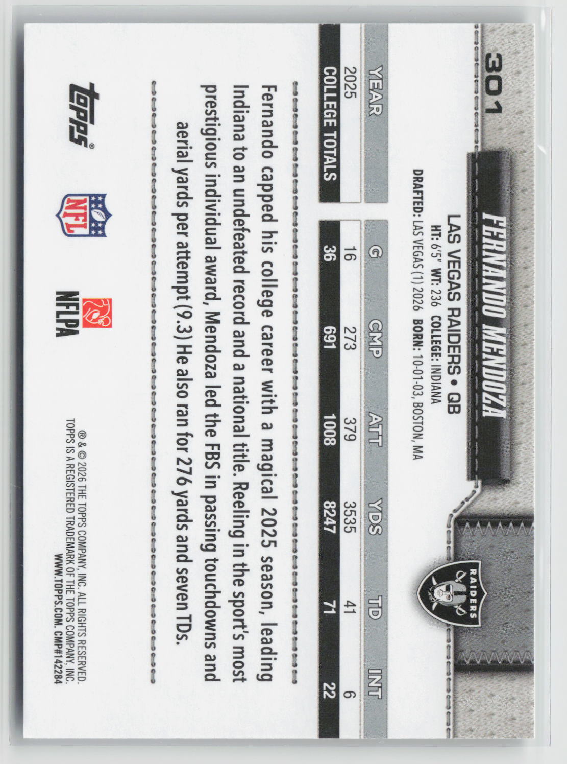 Fernando Mendoza 2026 Topps Flagship #301