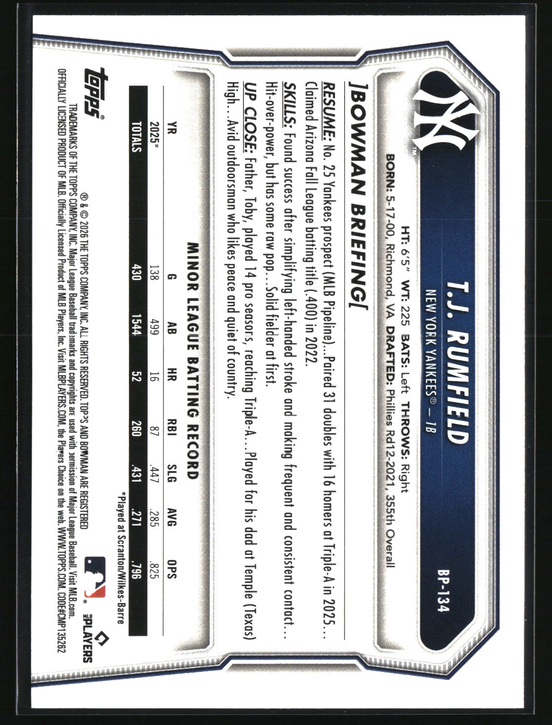 T.J. Rumfield 2026 Bowman Prospects #BP-134
