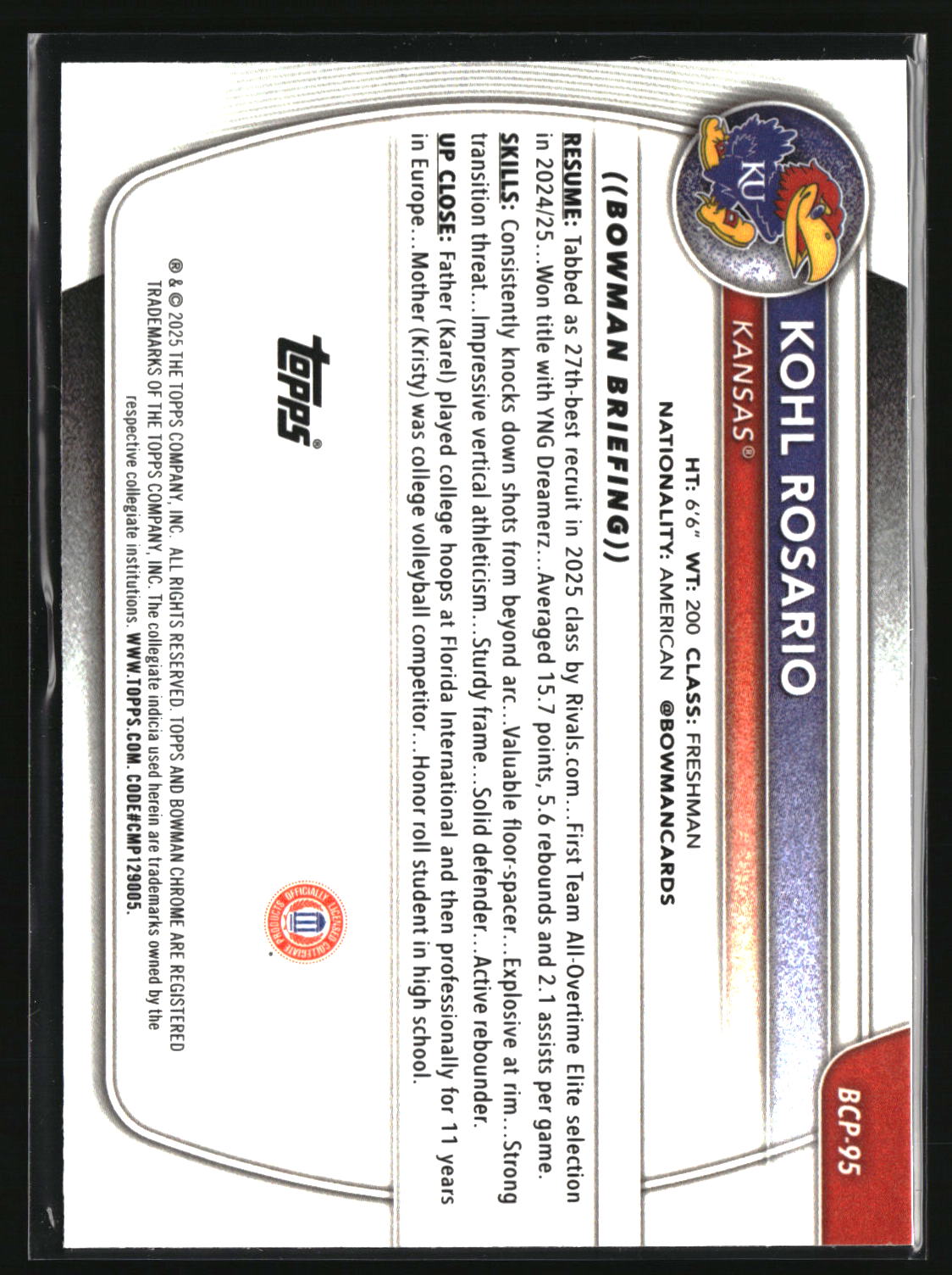 Kohl Rosario 2025-26 Bowman Chrome Prospects Mini-Diamond Refractor #BCP-95