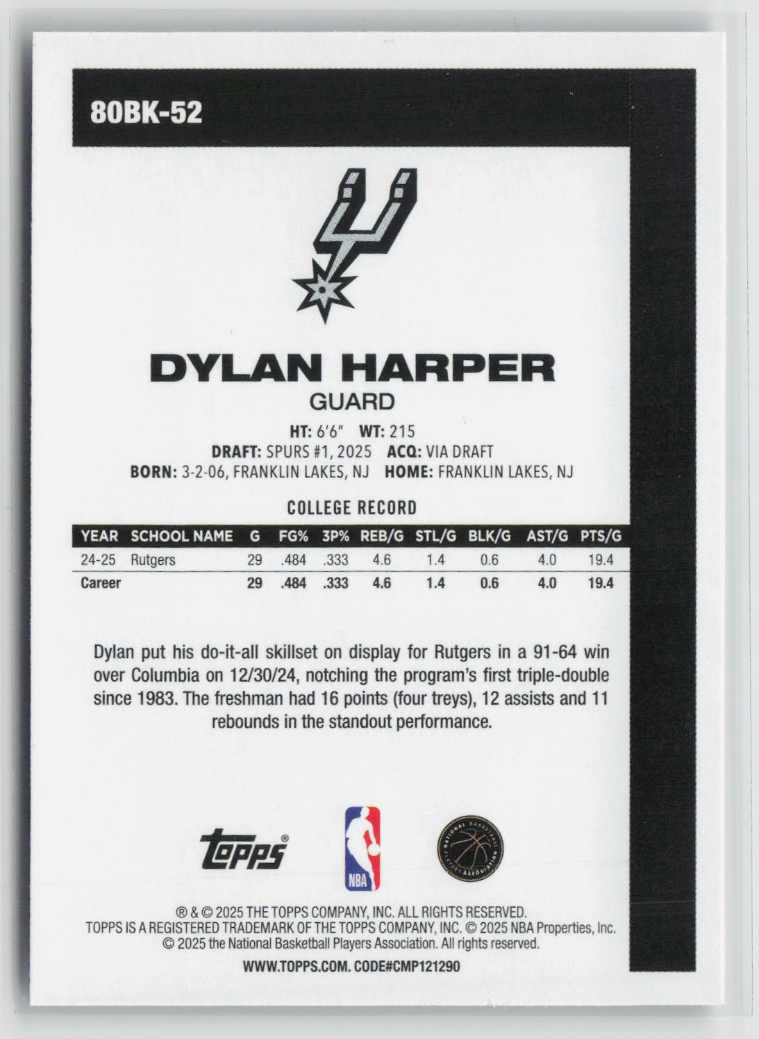 Dylan Harper 2025-26 Topps 1980-81 Topps Basketball #80BK-52