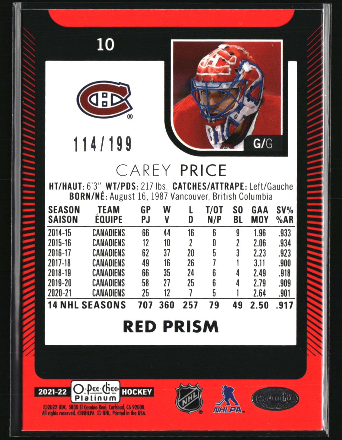 Carey Price 2021-22 O-Pee-Chee Platinum Red-Prism #10 #/199