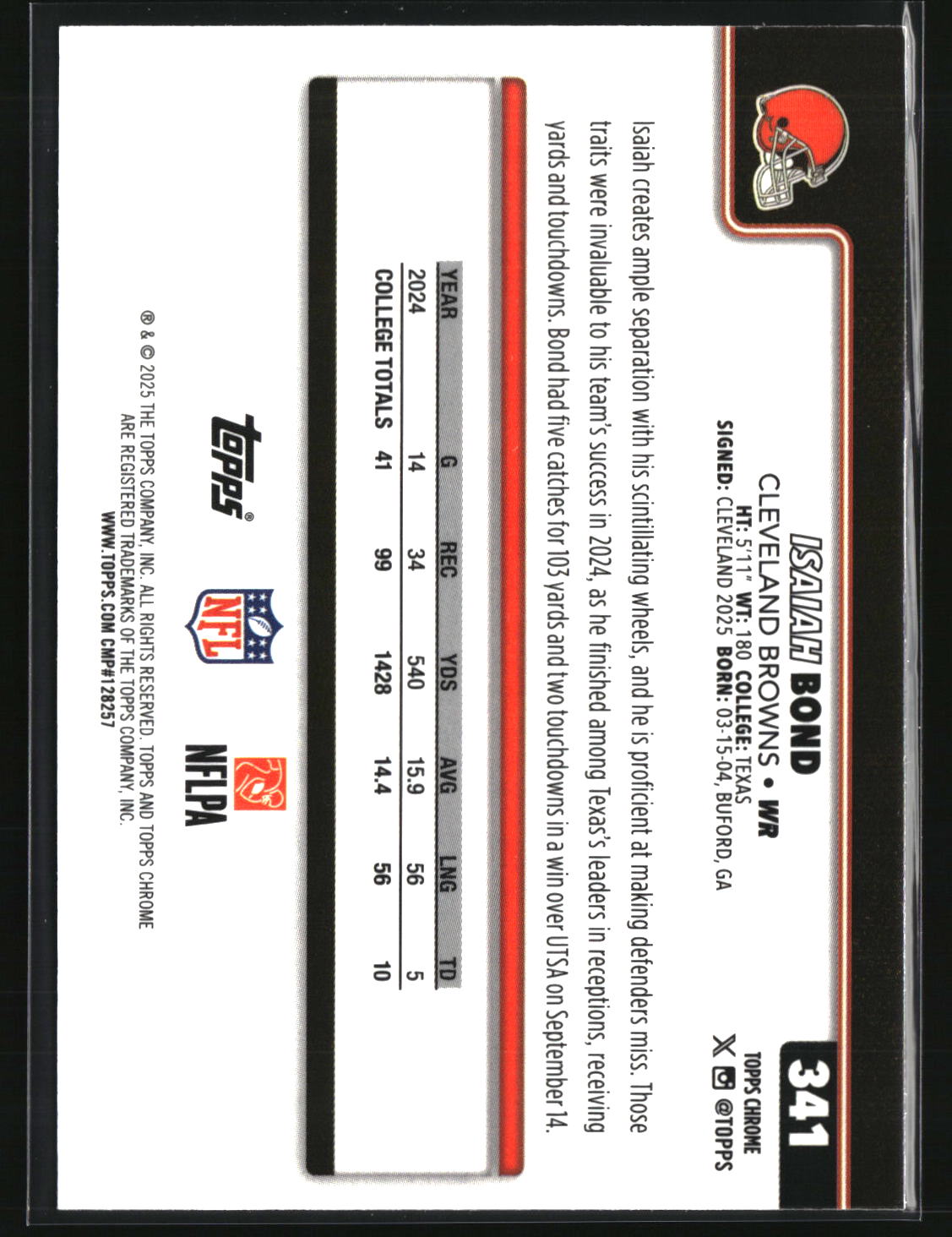 Isaiah Bond 2025 Topps Chrome Football #341