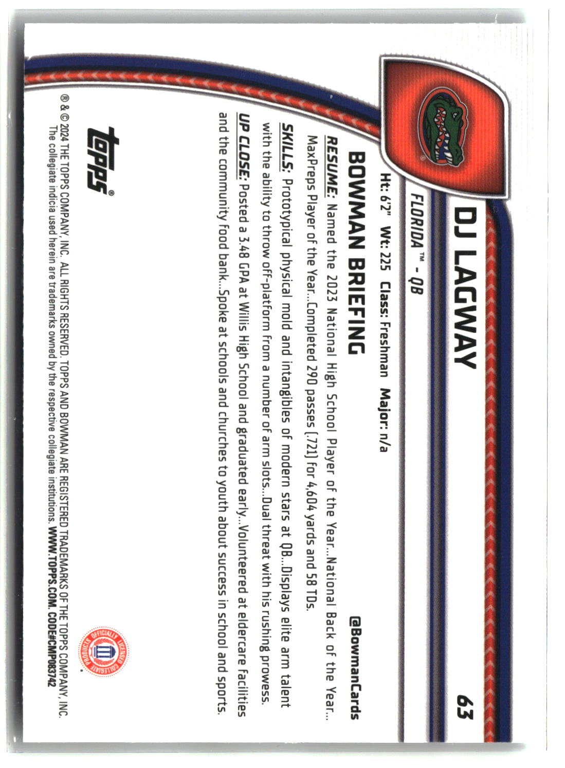 DJ Lagway 2024 Bowman University Chrome #63