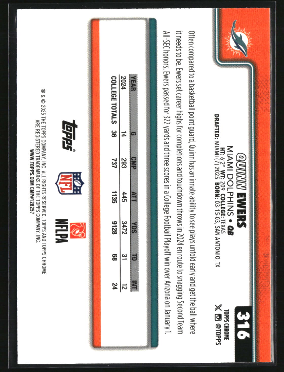 Quinn Ewers 2025 Topps Chrome Football #316