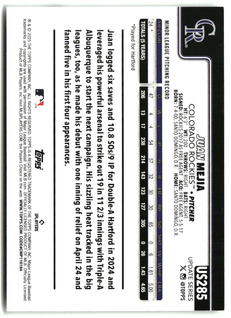 Juan Mejia 2025 Topps Update #US285