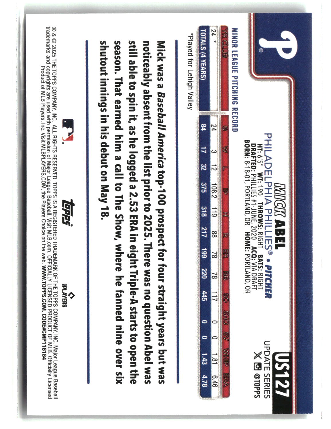 Mick Abel 2025 Topps Update #US127