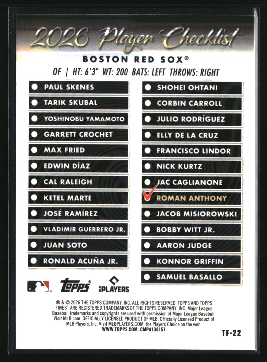 Roman Anthony 2026 Finest Topps Team Finest #TF-22