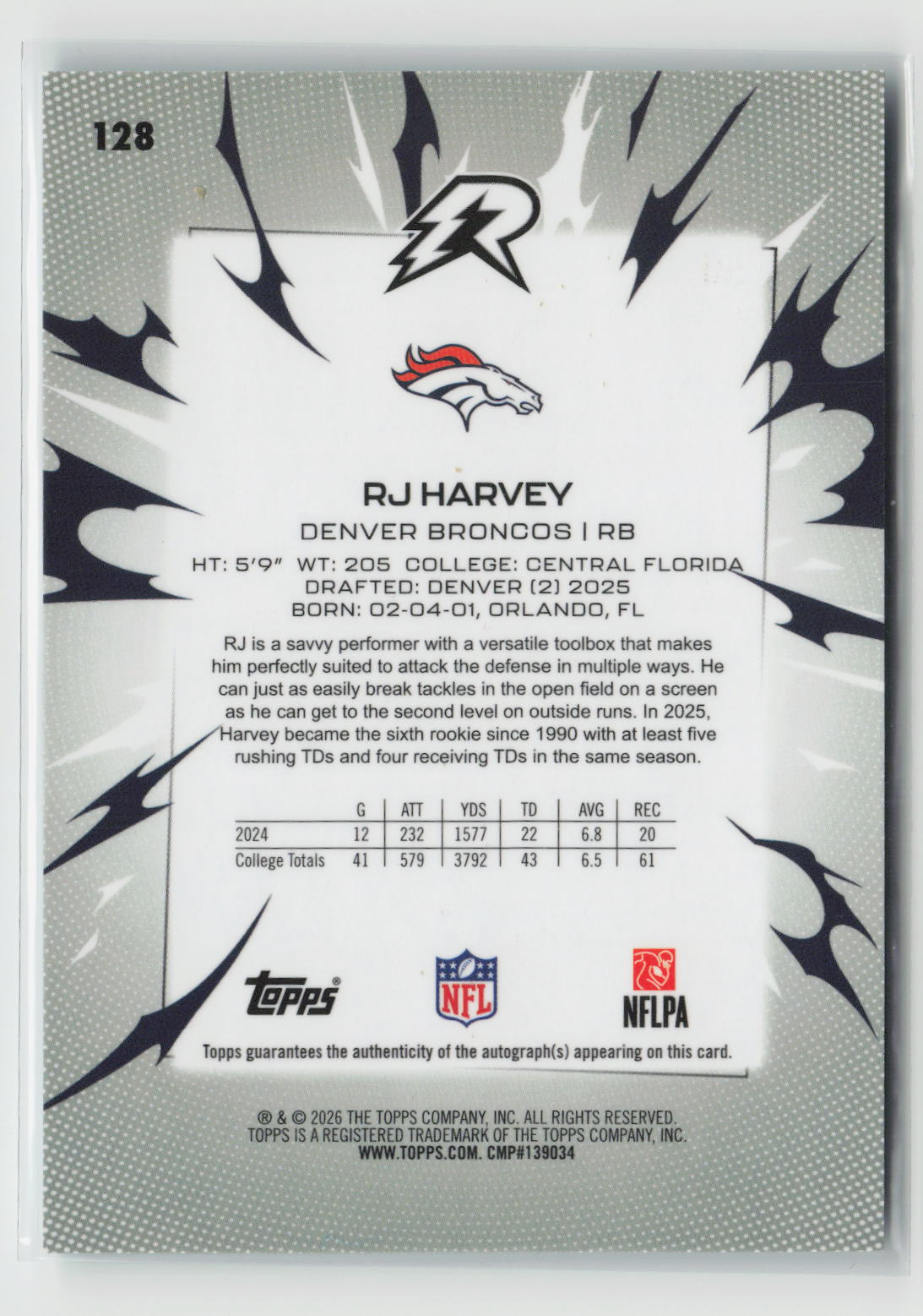RJ Harvey 2025 Topps Resurgence Signatures Aqua Surge Refractor #128