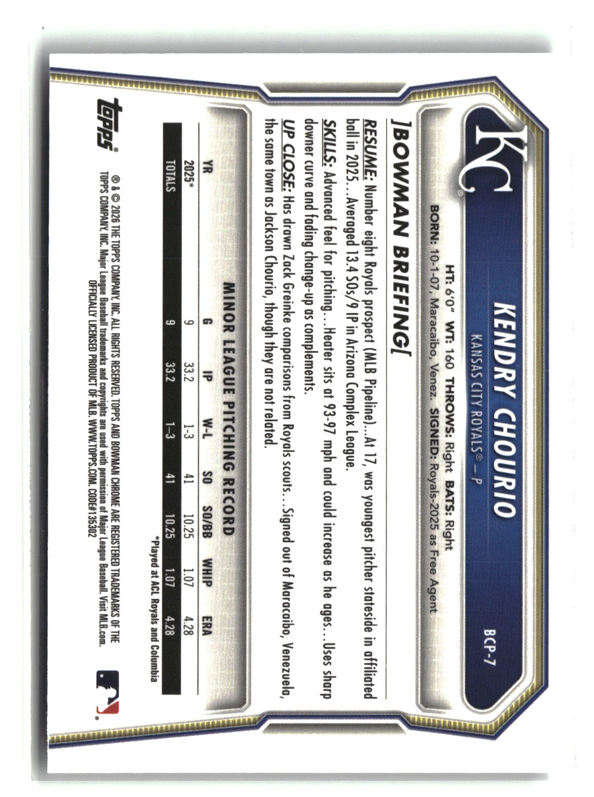 Kendry Chourio 2026 Bowman Chrome Prospects #BCP-7