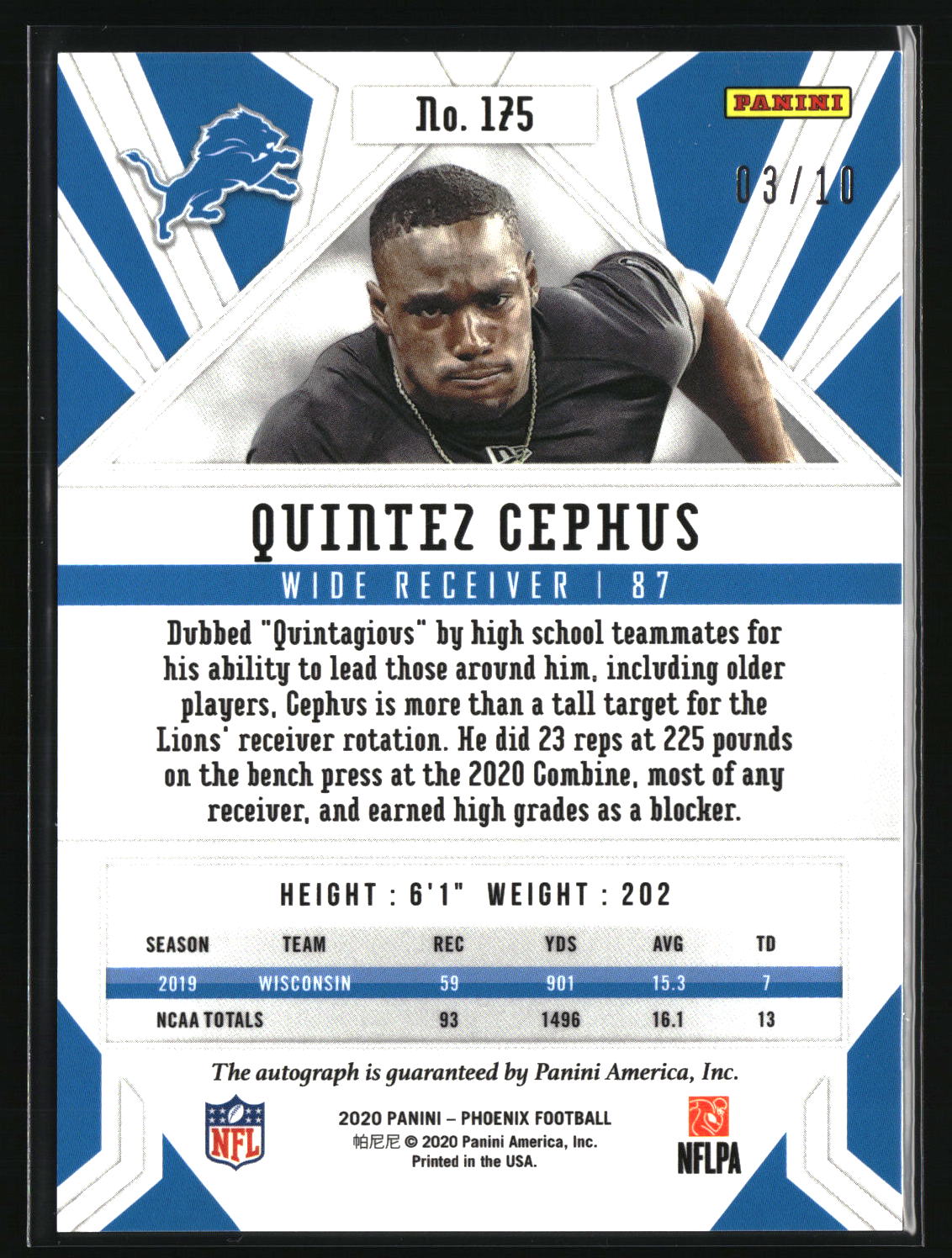 Quintez Cephus 2020 Panini Phoenix Rookie Autographs Green #175 #/10