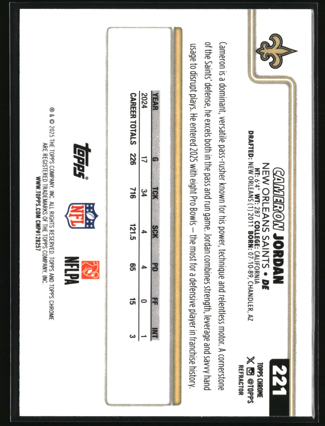 Cameron Jordan 2025 Topps Chrome - Topps Refractor #221