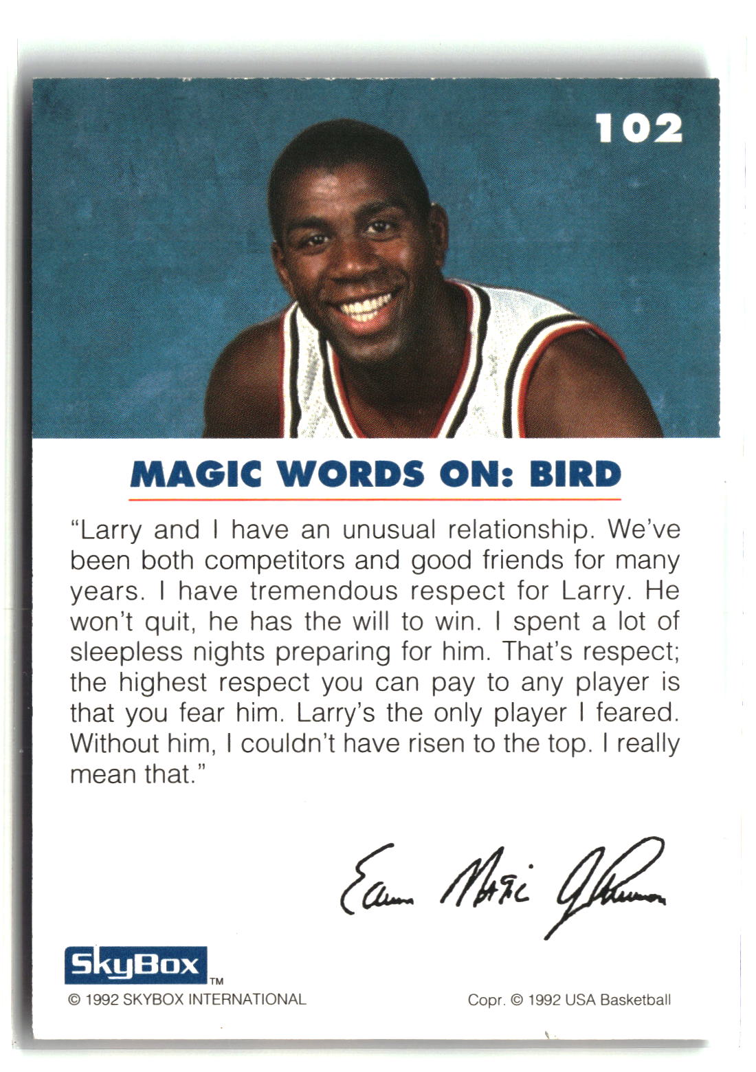 Magic on Bird 1992 SkyBox USA #102