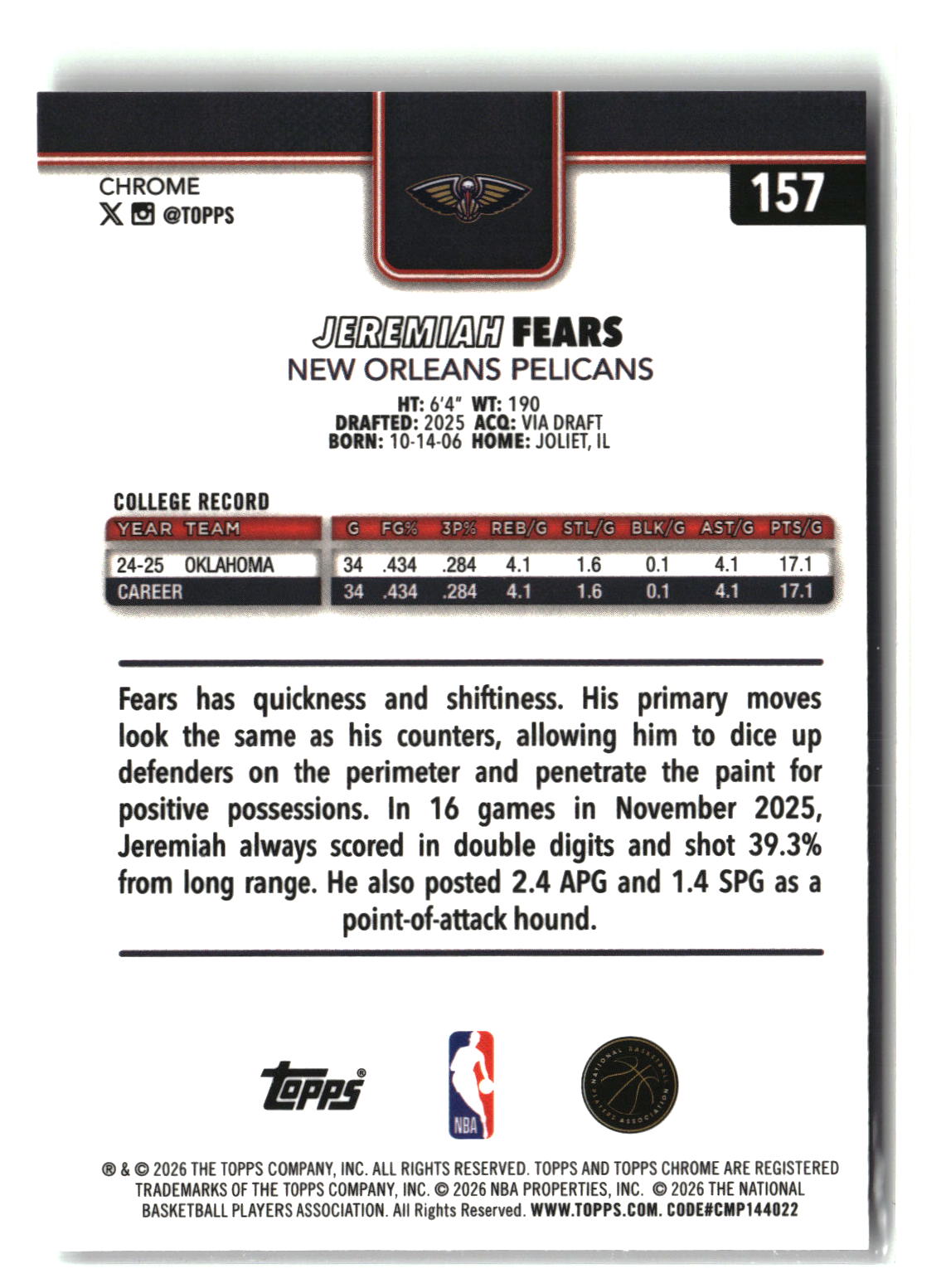 Jeremiah Fears 2025-26 Topps Chrome Update #157