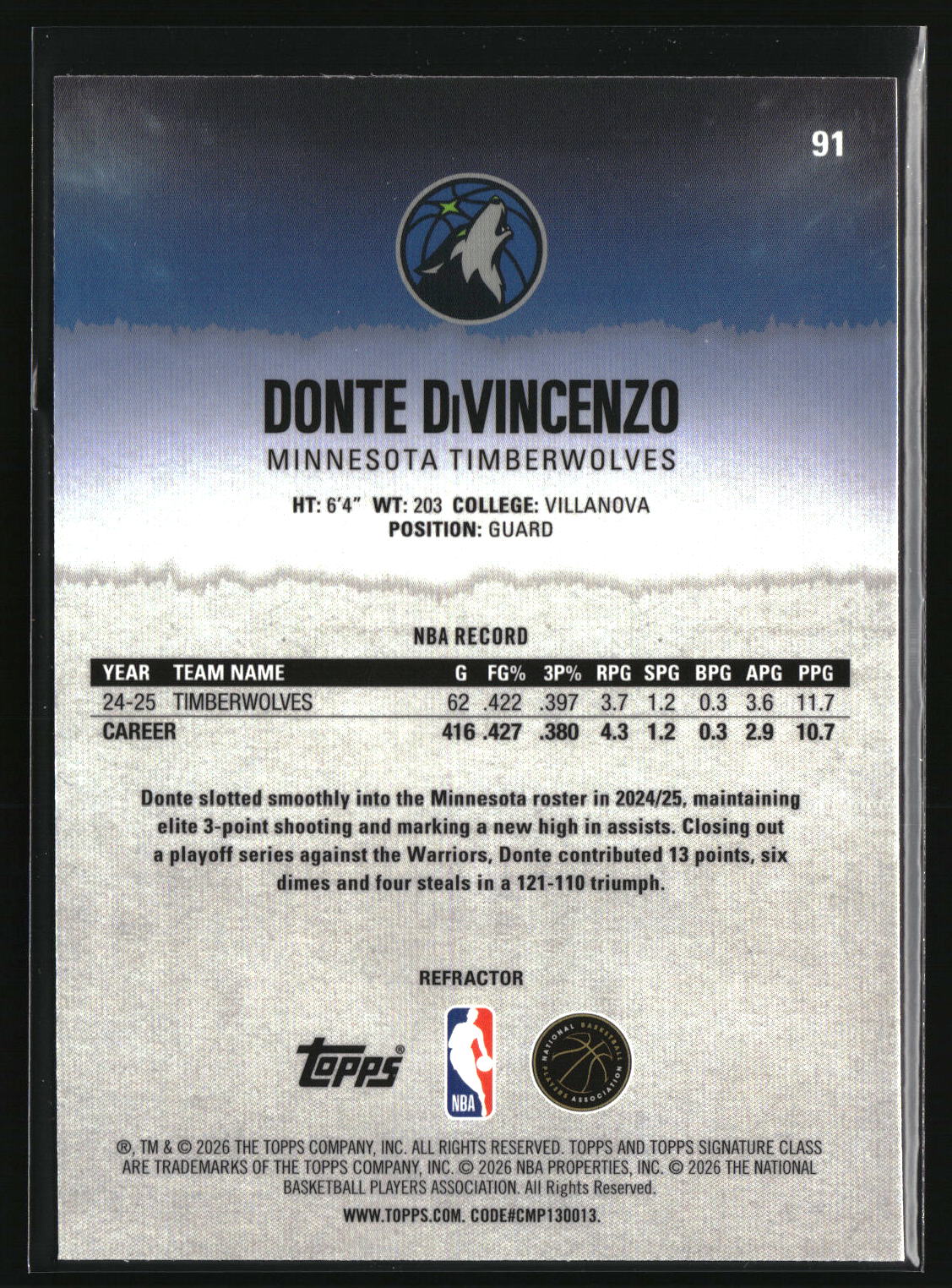Donte DiVincenzo 2025-26 Topps Signature Class Chrome Refractors #91