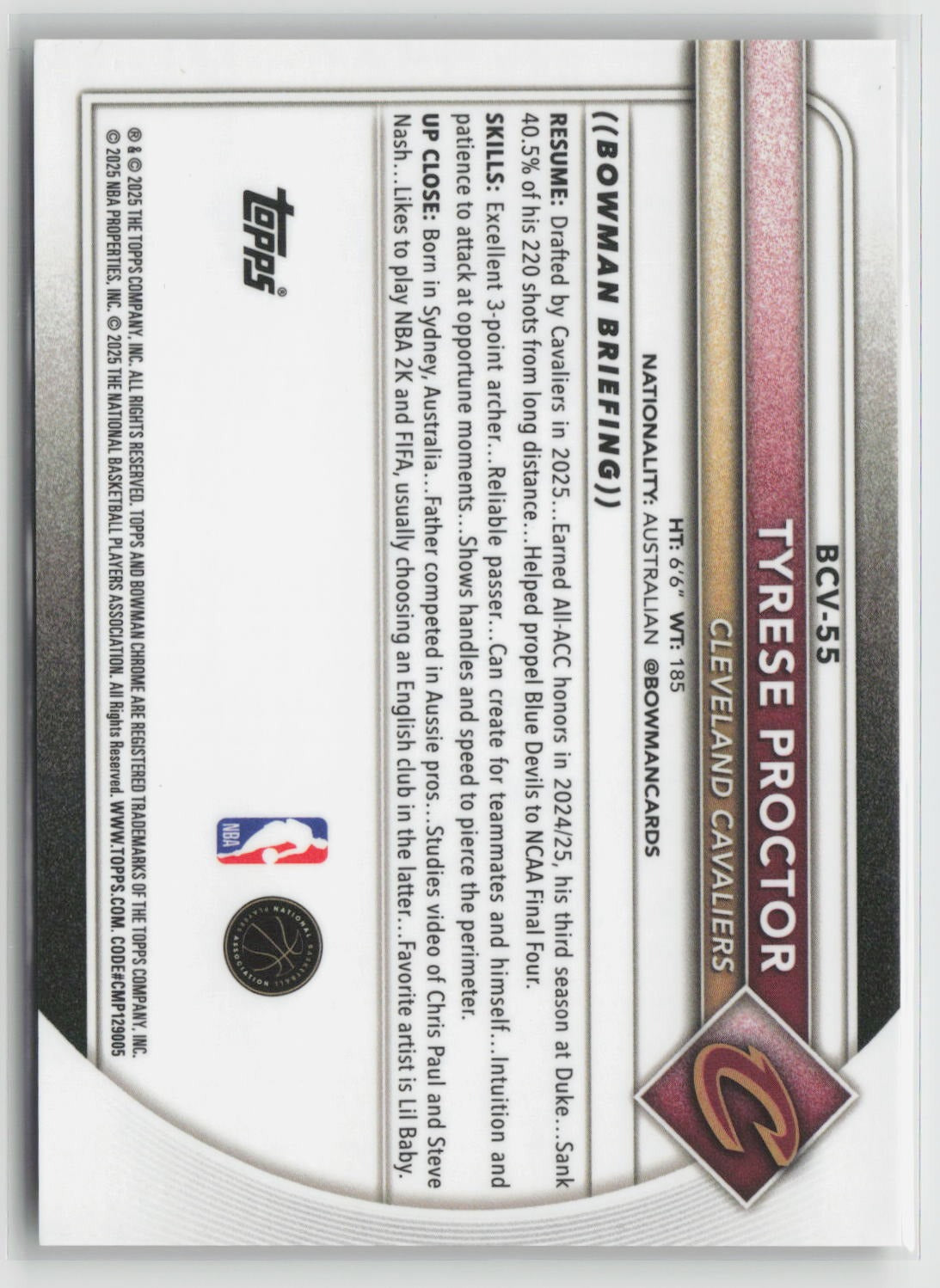 Tyrese Proctor 2025-26 Bowman Chrome Gold Mojo Refractor #BCV-55 35/50