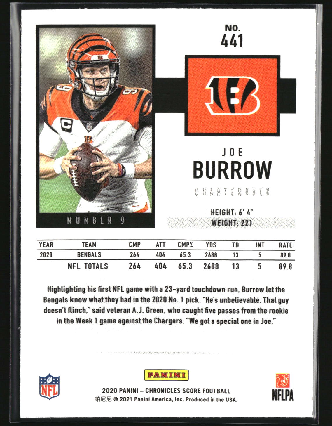 Joe Burrow 2020 Panini Chronicles 2020 Score Update Rookies #441