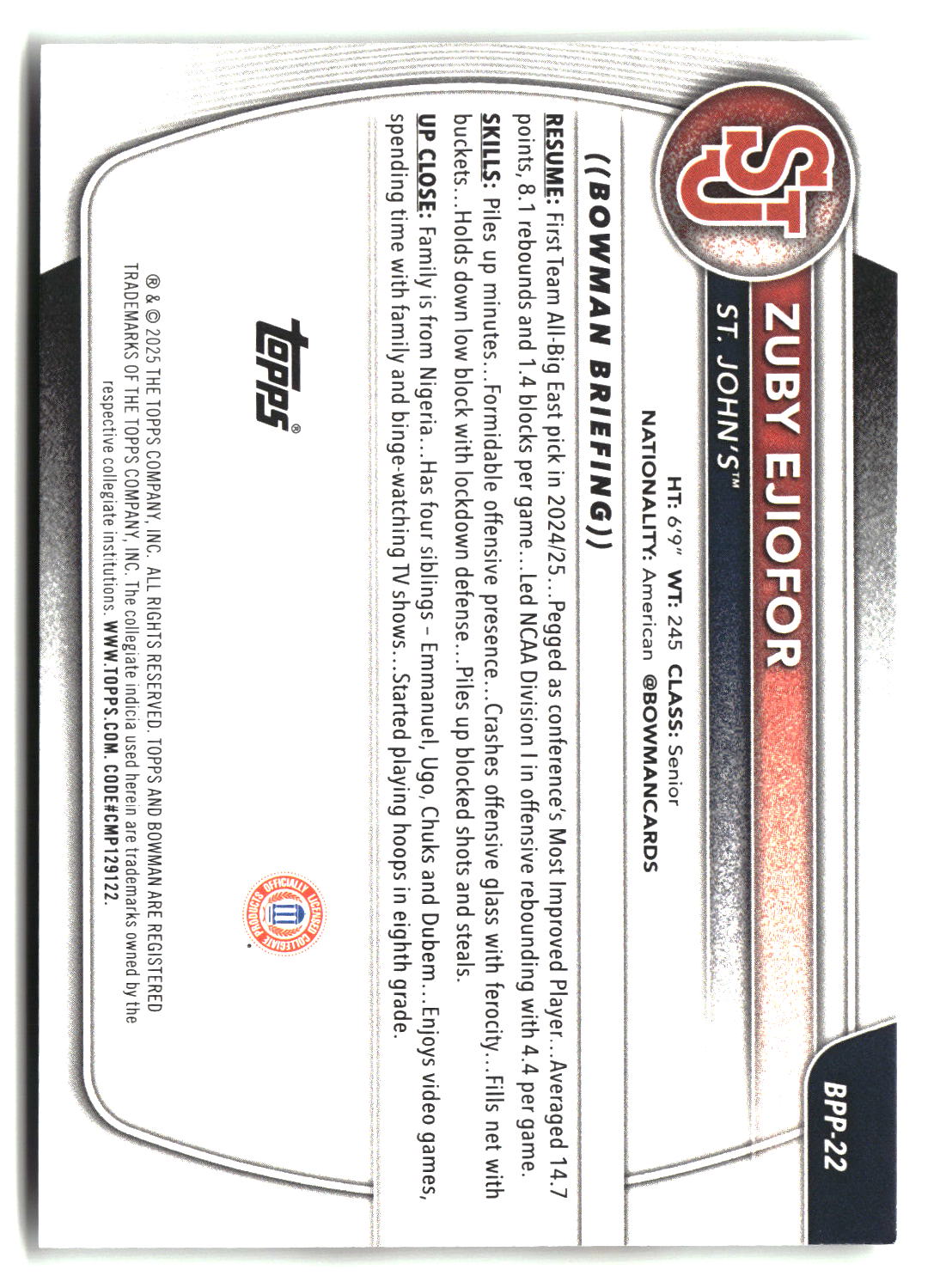 Zuby Ejiofor 2025-26 Bowman Prospects #BPP-22
