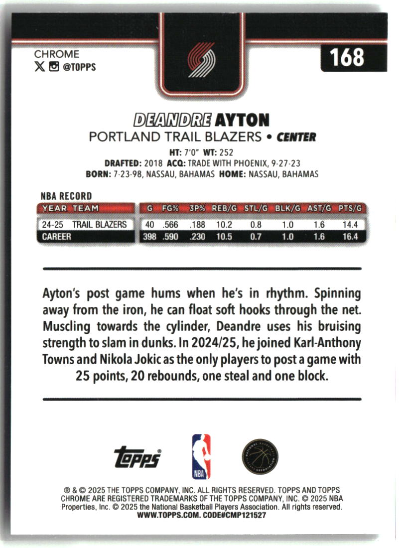 Deandre Ayton 2025-26 Topps Chrome Prism Refractor #168
