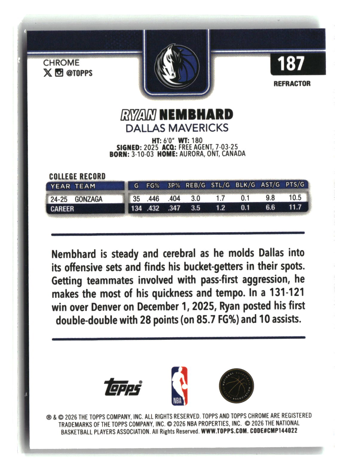 Ryan Nembhard 2025-26 Topps Chrome Update Refractor #187