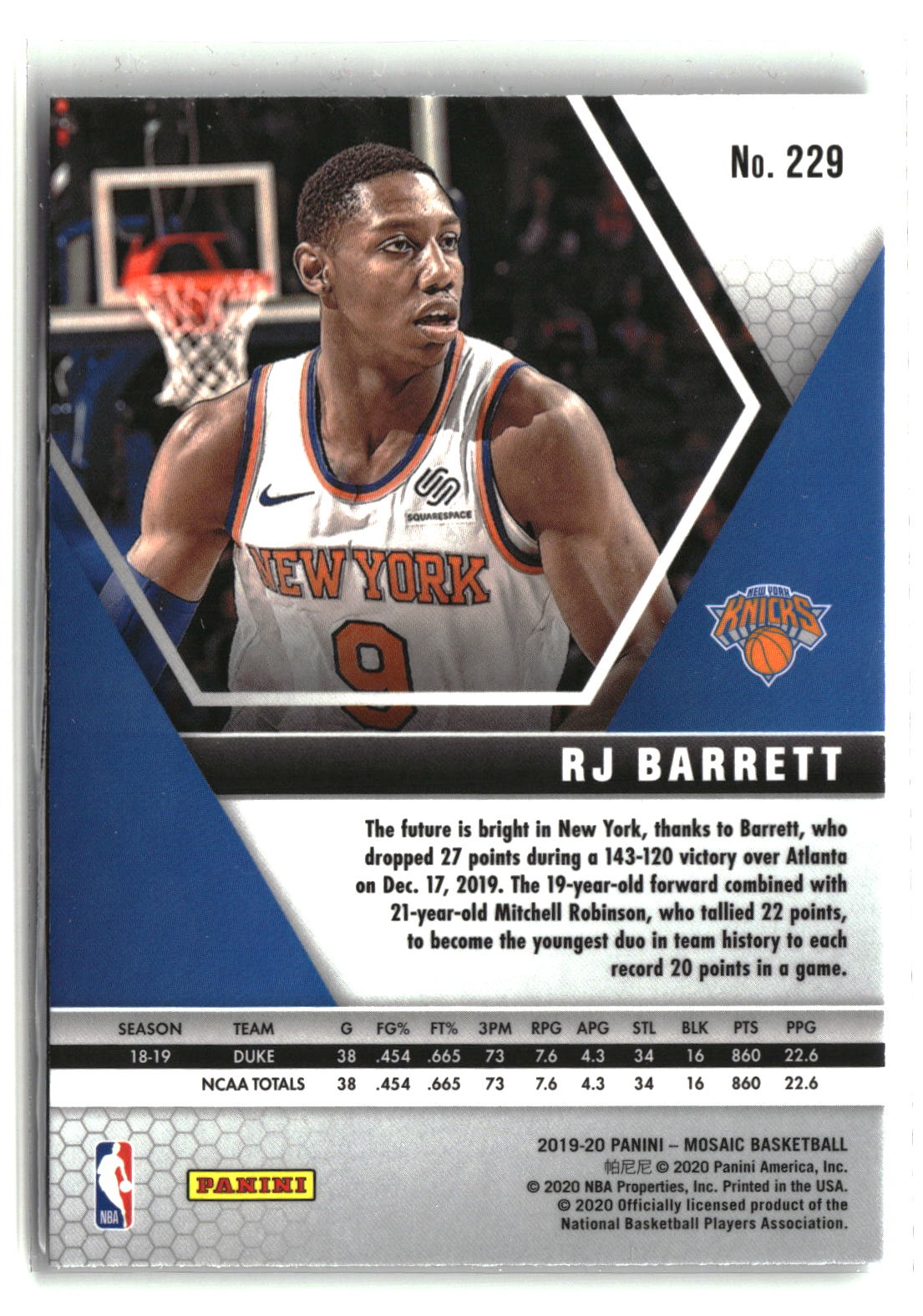 RJ Barrett 2019-20 Panini Mosaic #229