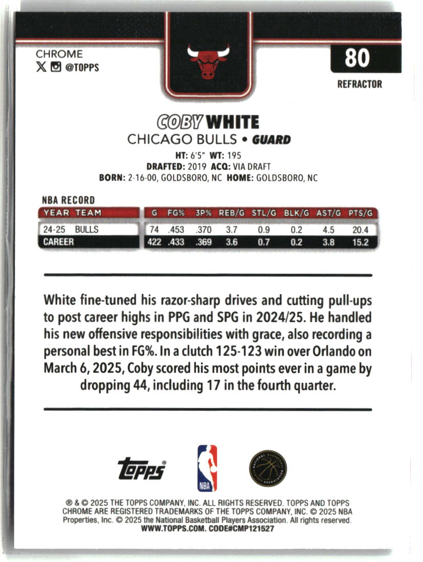 Coby White 2025-26 Topps Chrome Refractor #80