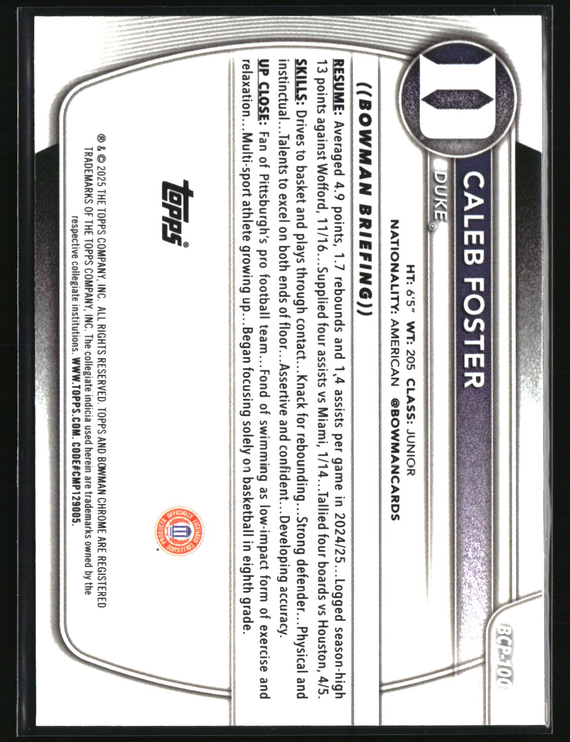 Caleb Foster 2025-26 Bowman Chrome Prospects #BCP-100