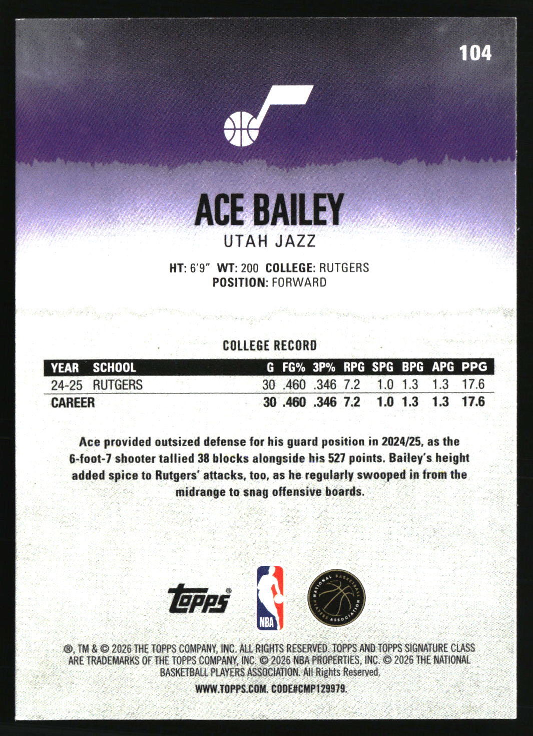 Ace Bailey 2025-26 Topps Signature Class #104