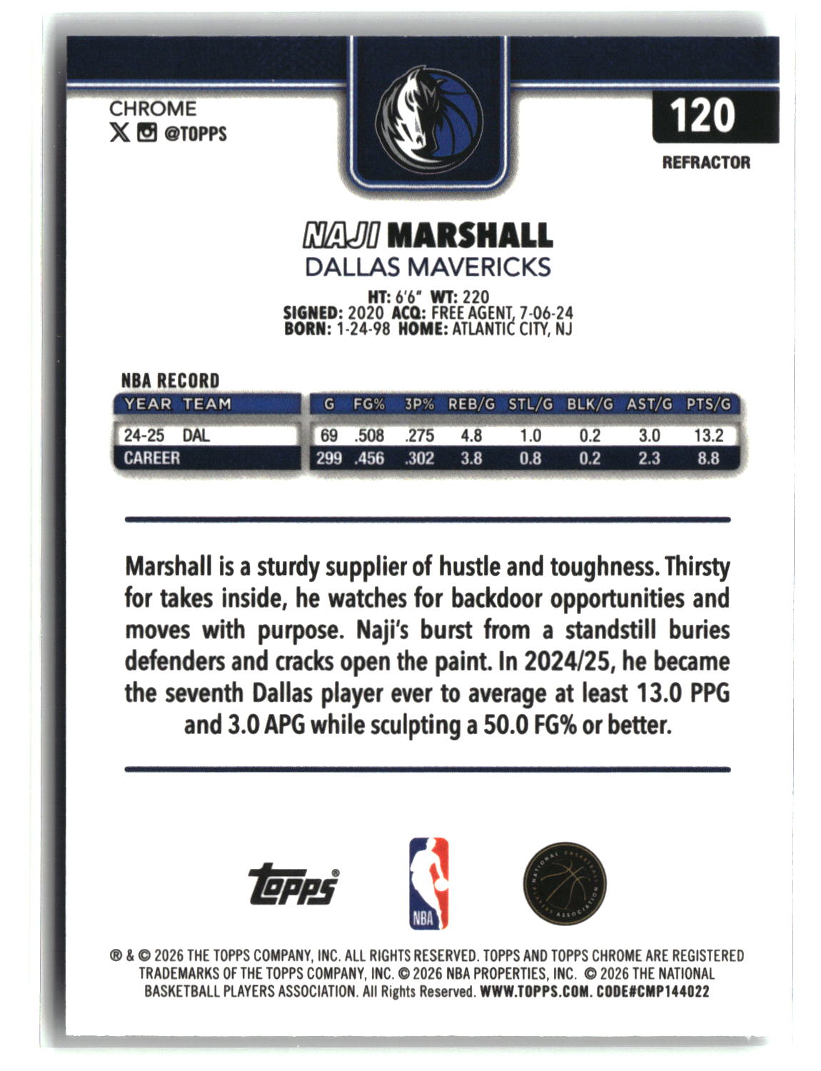 Naji Marshall 2025-26 Topps Chrome Update Refractor #120