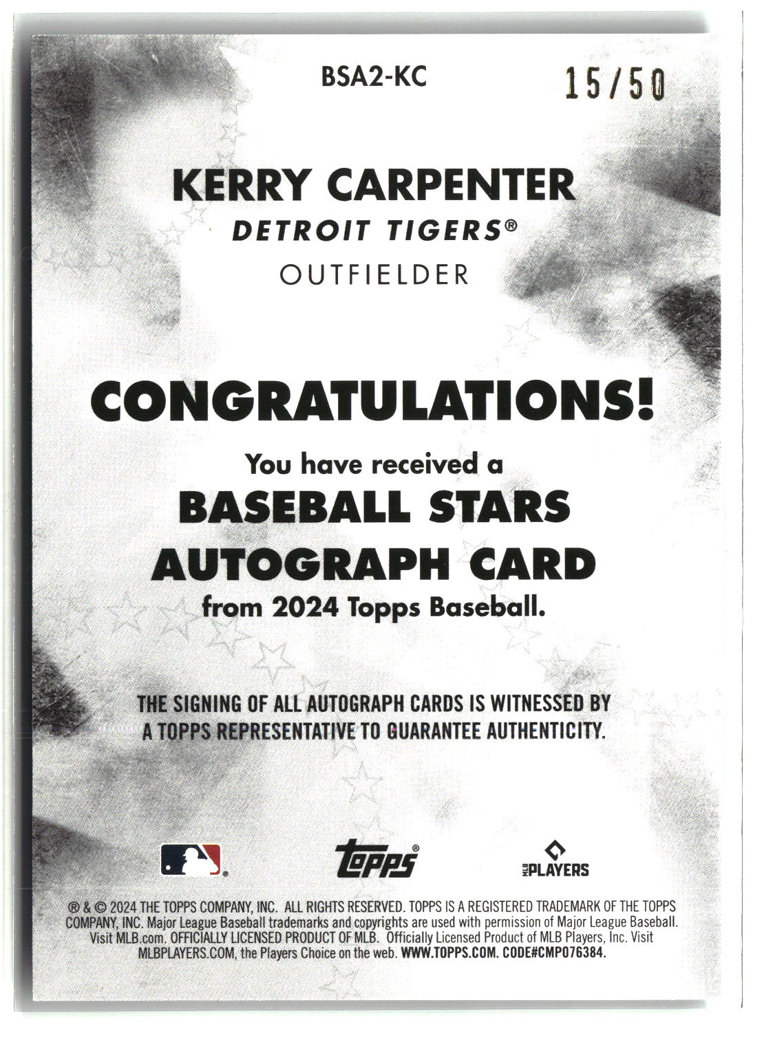 Kerry Carpenter 2024 Topps Baseball Stars Autographs Gold #BSA2-KC #/50