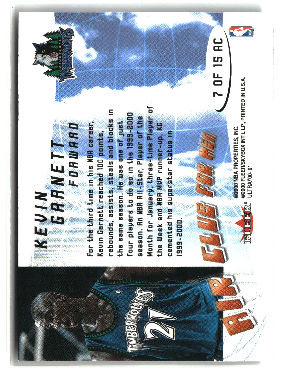 Kevin Garnett 2000-01 Ultra Air Club for Men #7 AC
