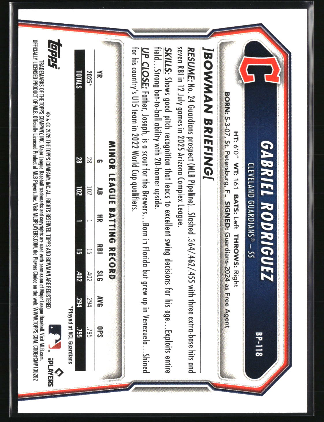 Gabriel Rodriguez 2026 Bowman Prospects #BP-118