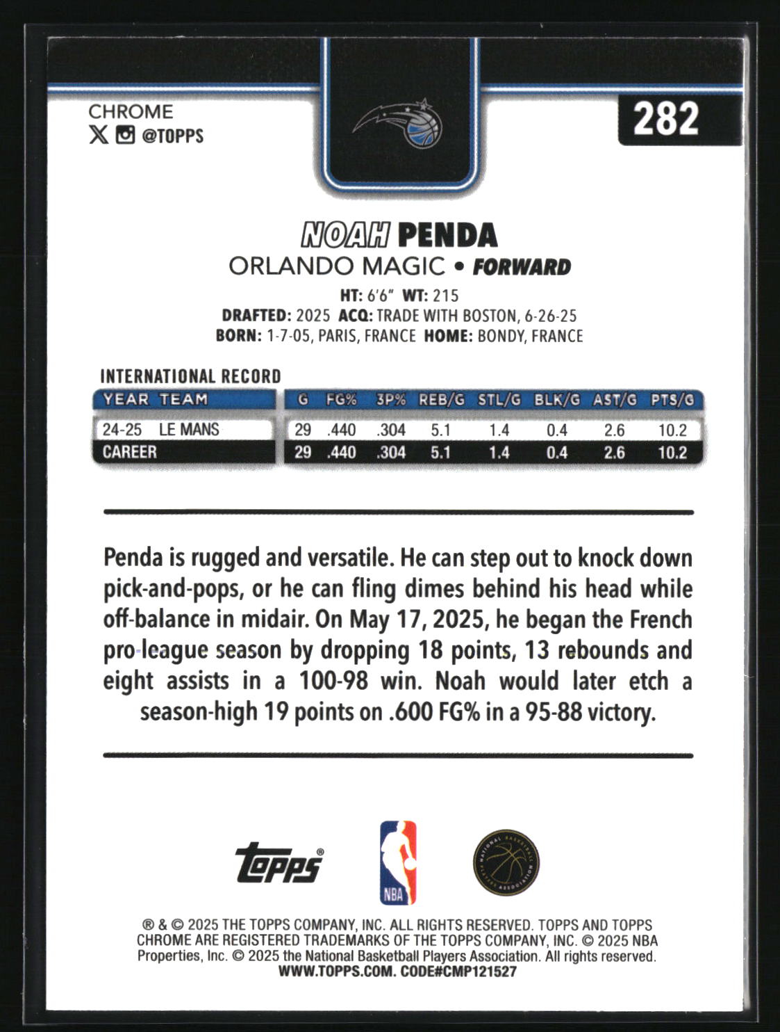 Noah Penda 2025-26 Topps Chrome #282