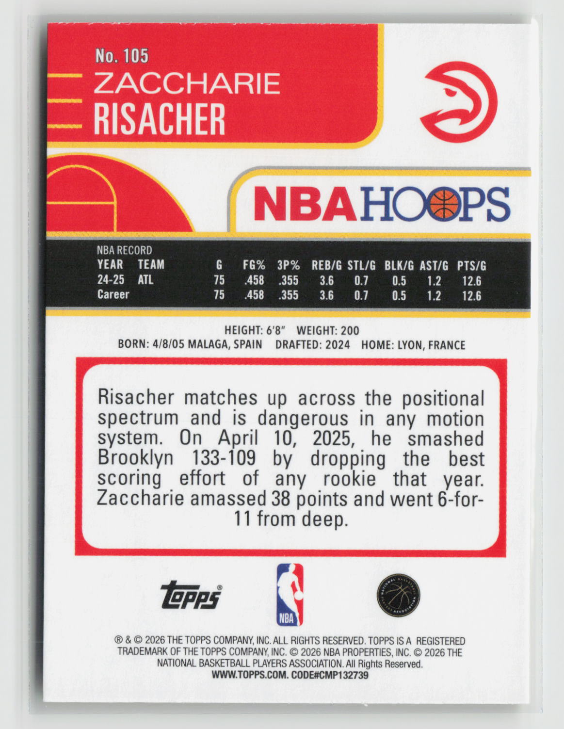 Zaccharie Risacher 2025-26 Hoops Rainbow Yellow #105