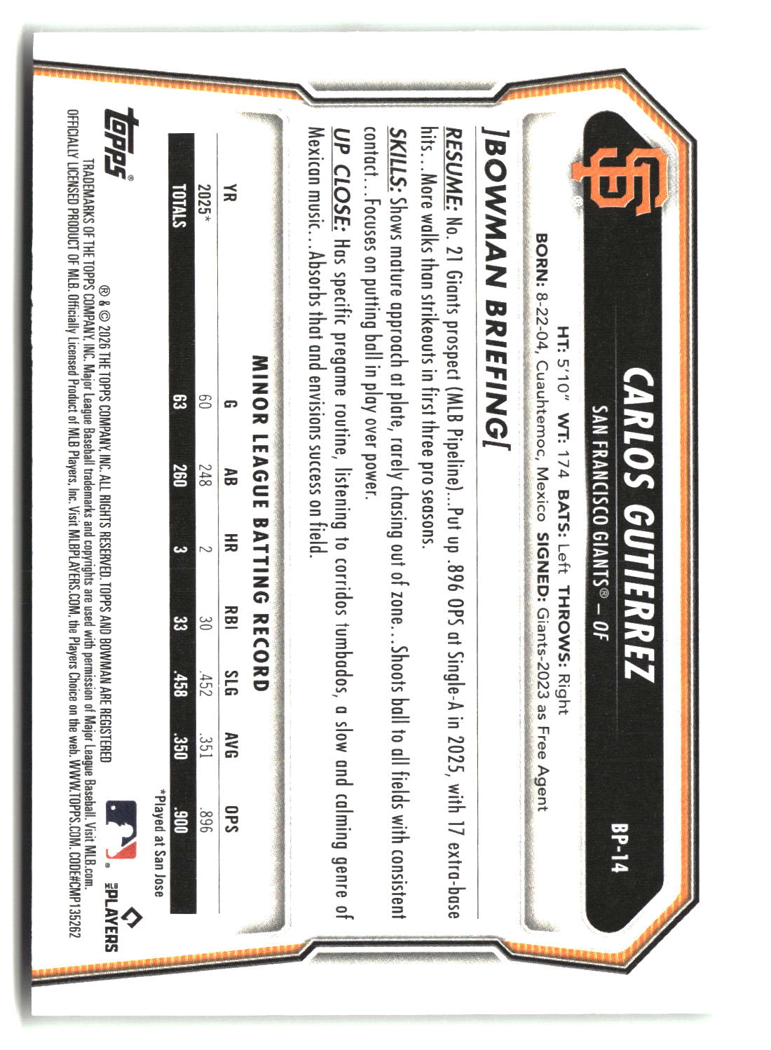 Carlos Gutierrez 2026 Bowman Prospects #BP-14