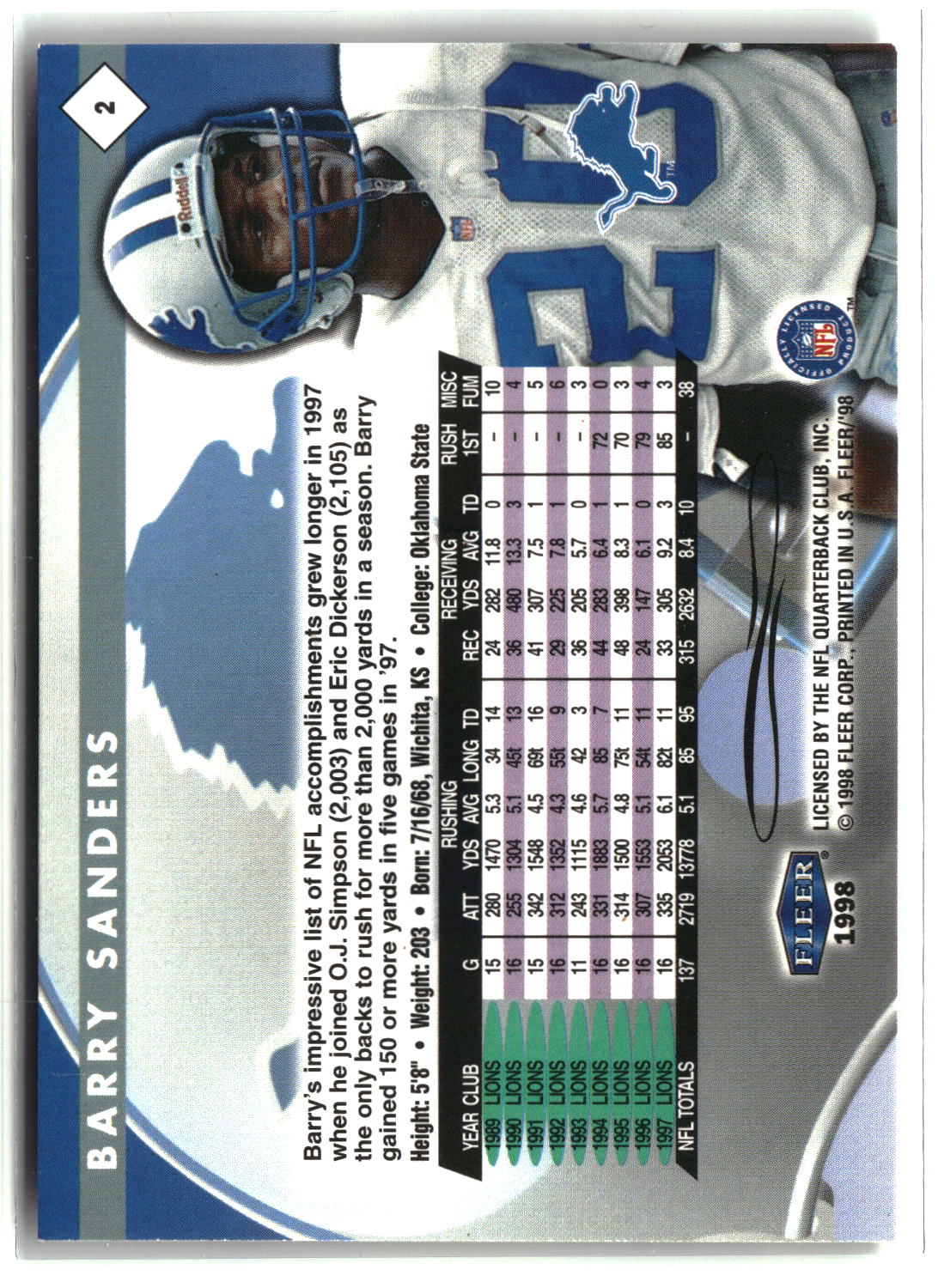 Barry Sanders 1998 Fleer Tradition #2
