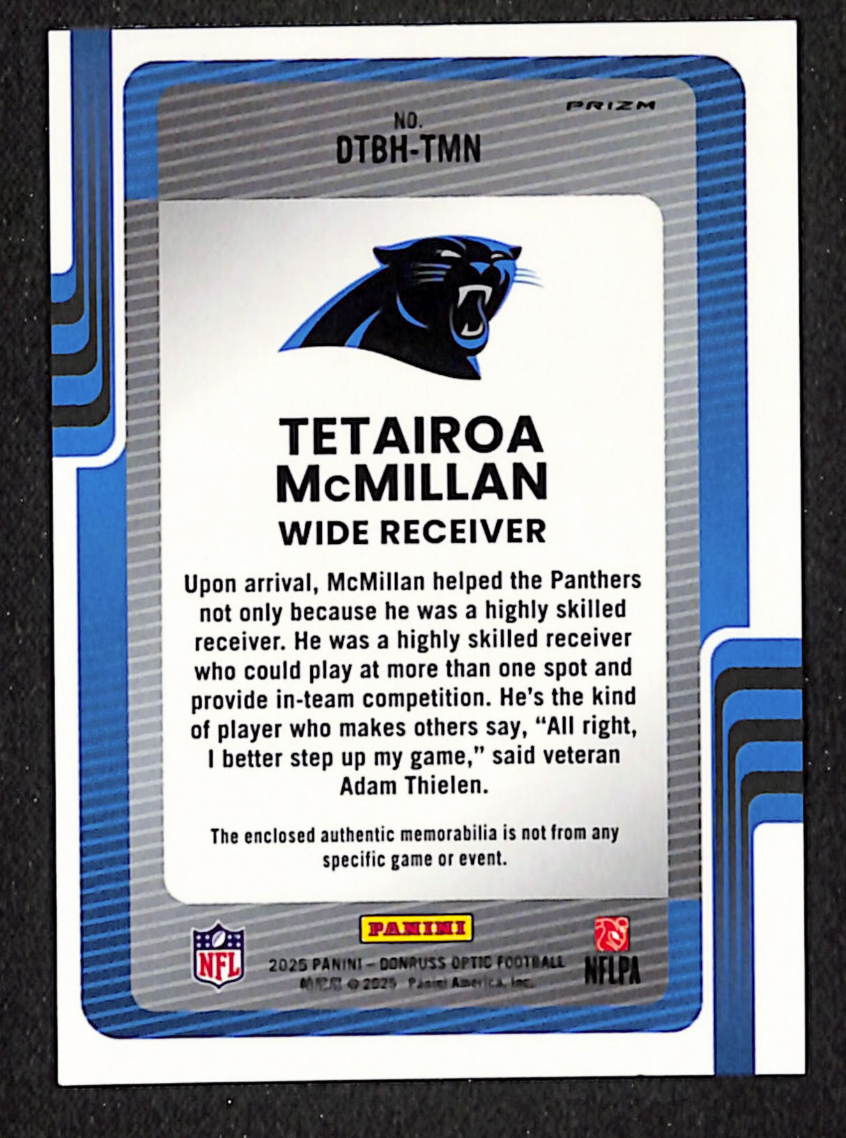 Tetairoa McMillan 2025 Donruss Optic Donruss Threads Neon Blue #DTBH-TMN