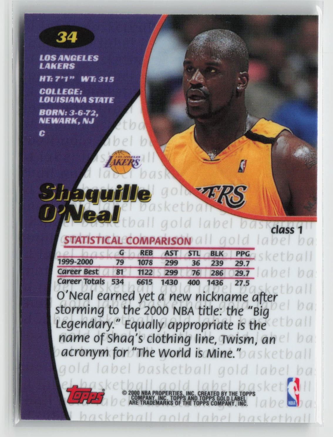 Shaquille O'Neal 2000-01 Topps Gold Label #34