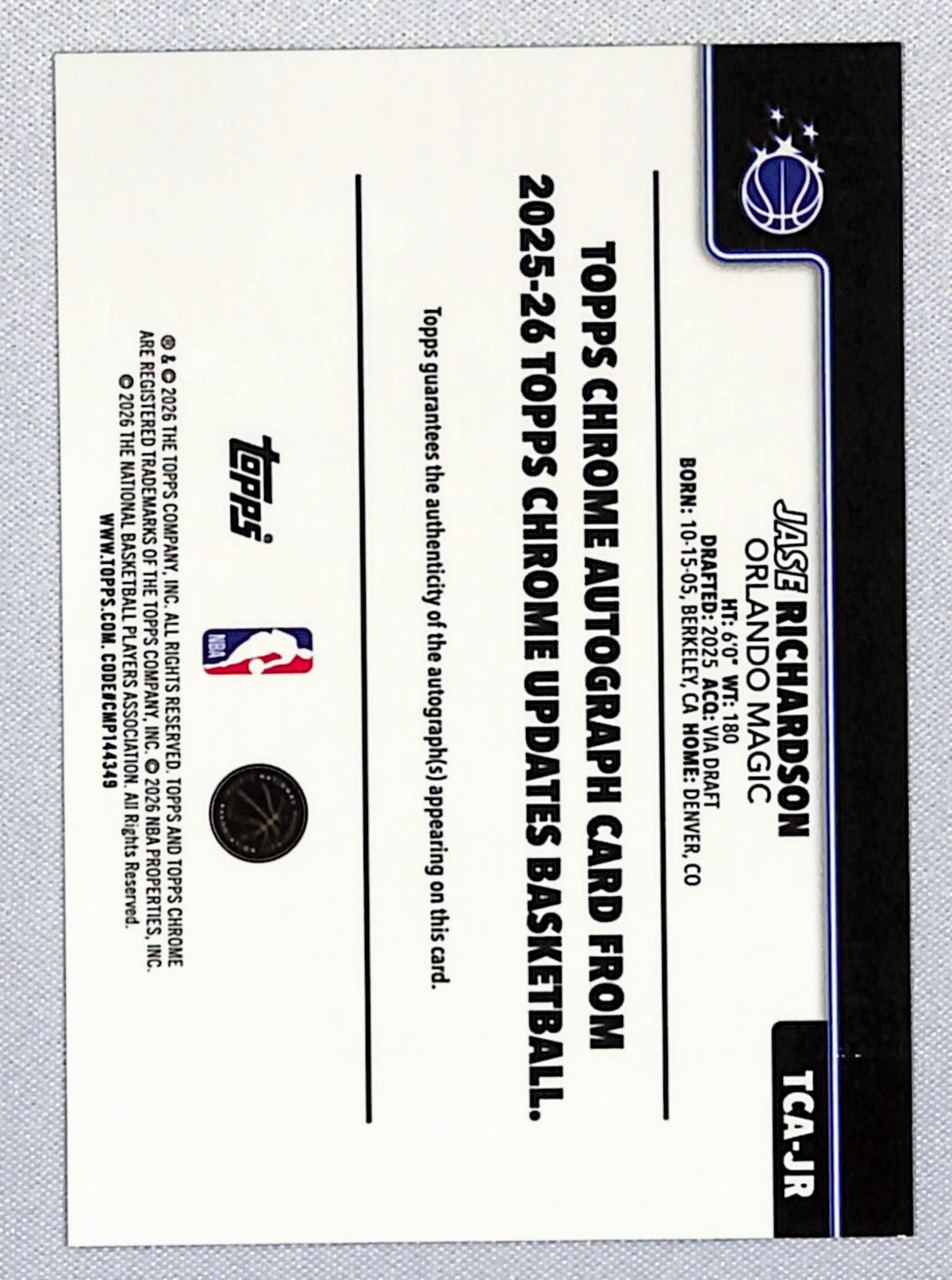 Jase Richardson 2025-26 Topps Chrome Update Chrome Autographs #TCA-JR