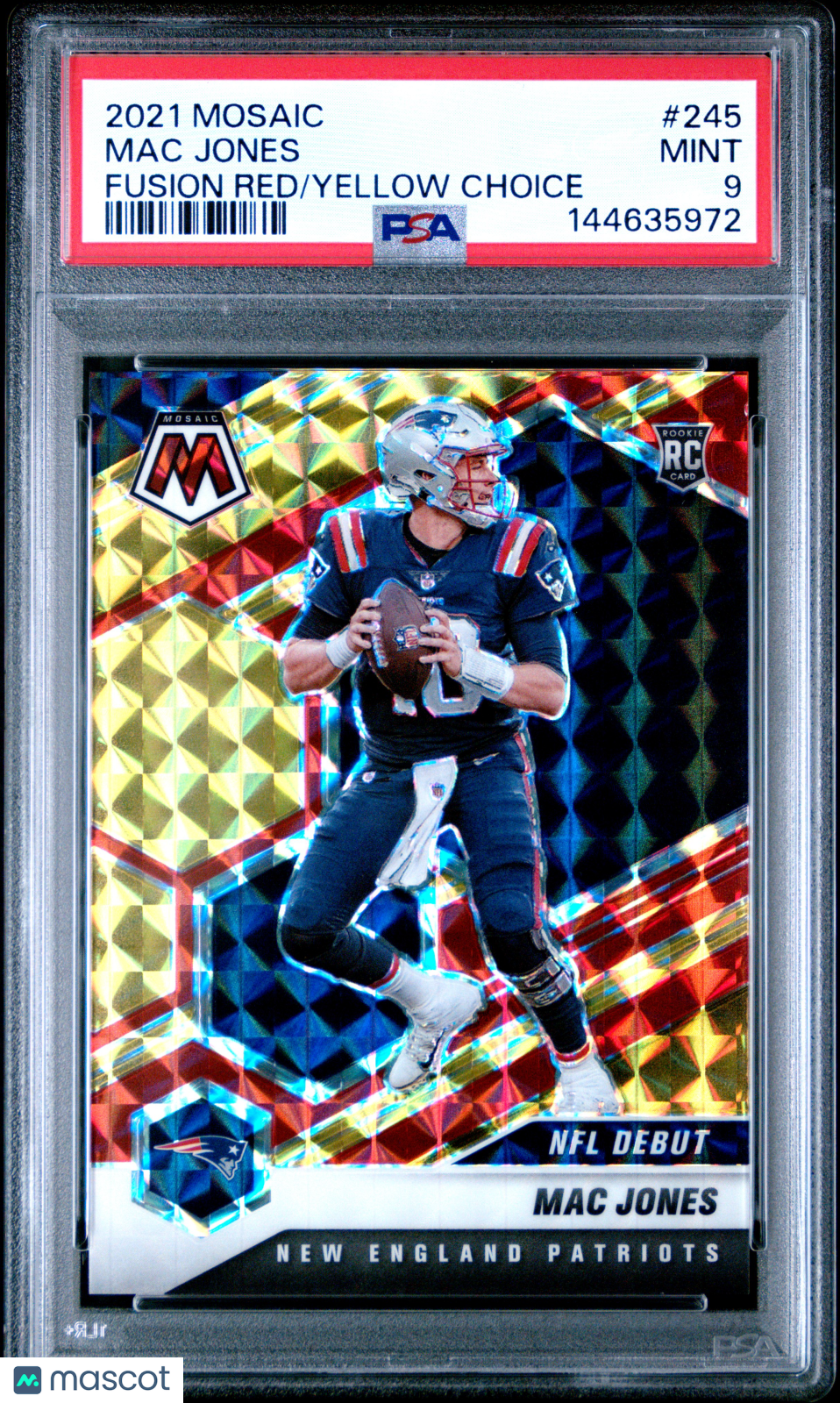 Mac Jones 2021 Panini Mosaic Choice Prizm Fusion Red and Yellow #245 #/80 PSA 9