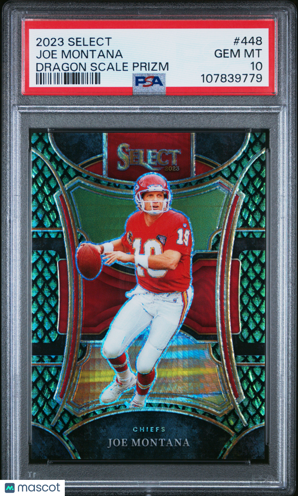 Joe Montana 2023 Panini Select Dragon Scale Prizm #448 26/70 PSA 10