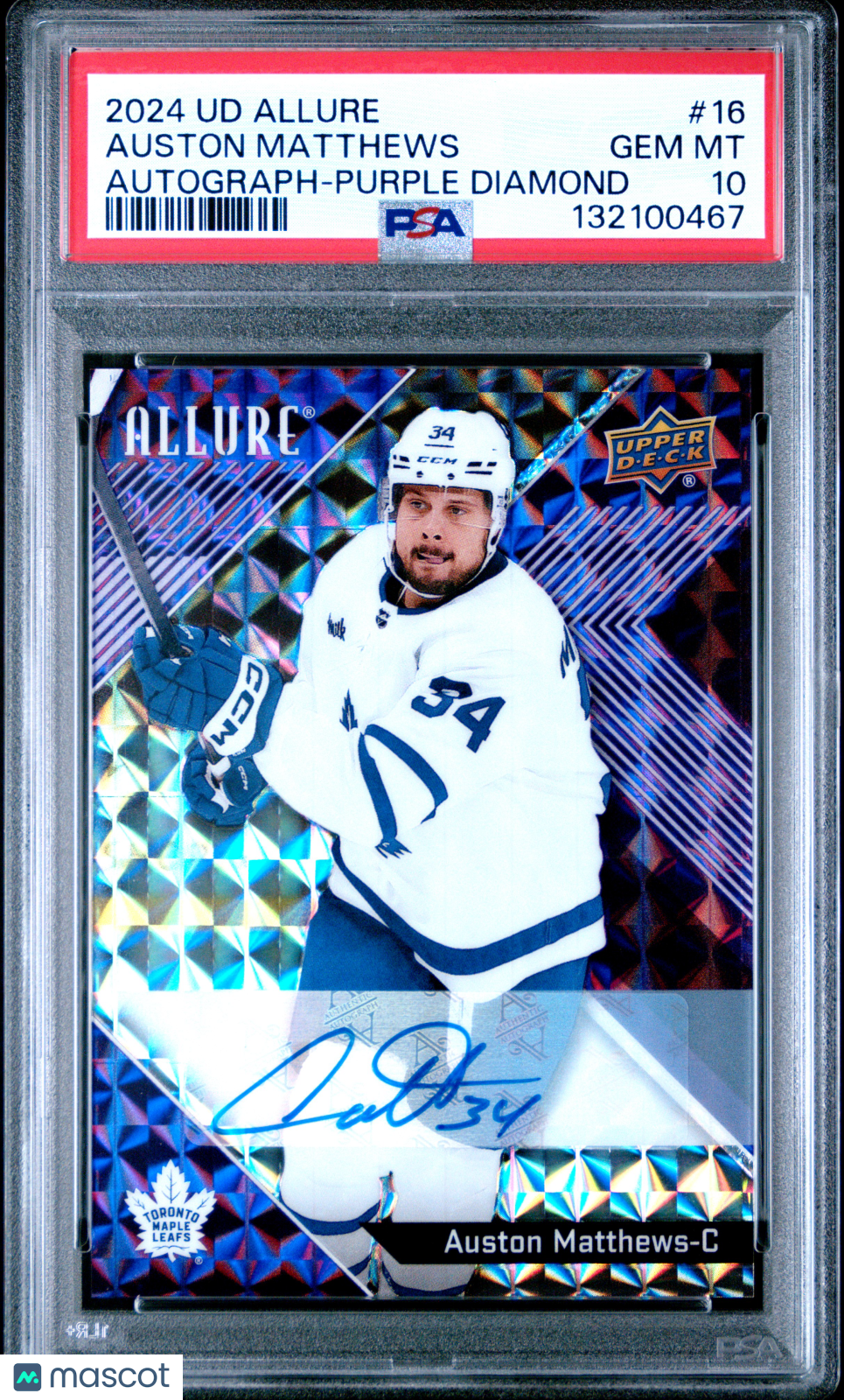 Auston Matthews 2024-25 Upper Deck Allure Auto Purple Diamond #16 #/10 PSA 10