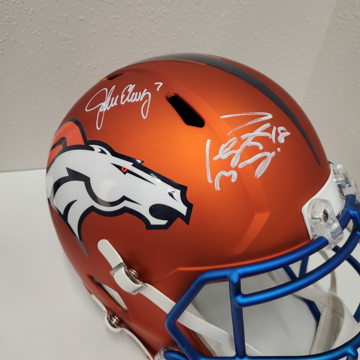 John Elway/Peyton Manning Autographed Broncos Blaze Full Size Helmet