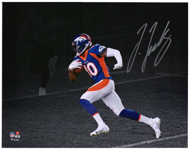 Jerry Jeudy Denver Broncos Autographed 11" x 14" Navy Jersey Running Spotlight Photograph