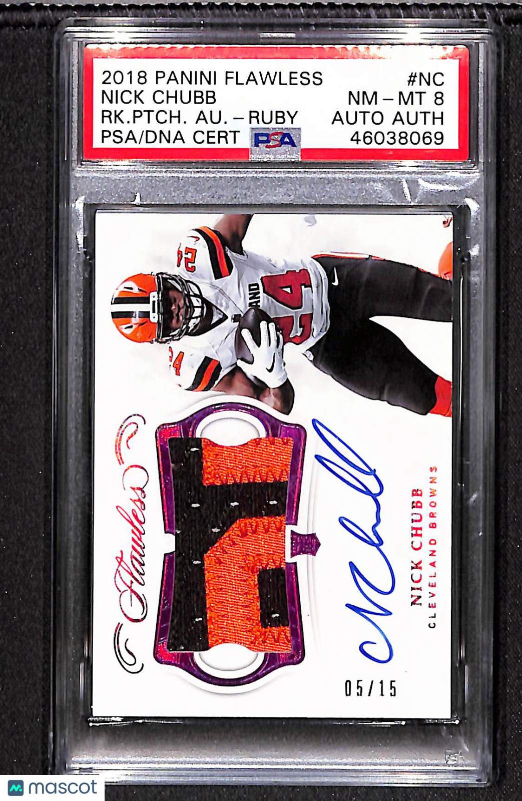 Nick Chubb 2018 Panini Flawless Rookie Patch Autographs Ruby #RPA-NC 5/15 PSA 8