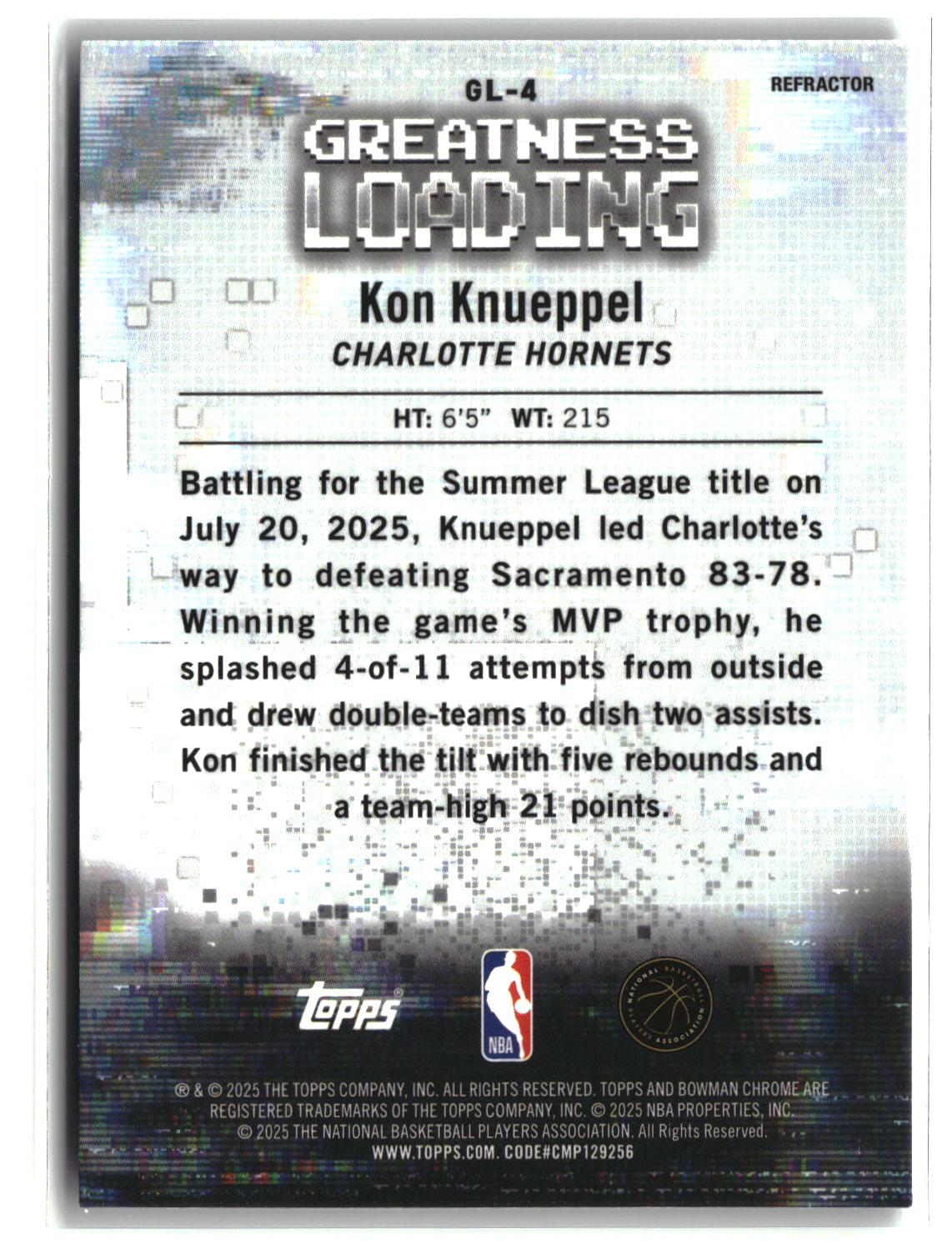 Kon Knueppel 2025 Bowman Chrome Greatness Loading Refractor #GL-4