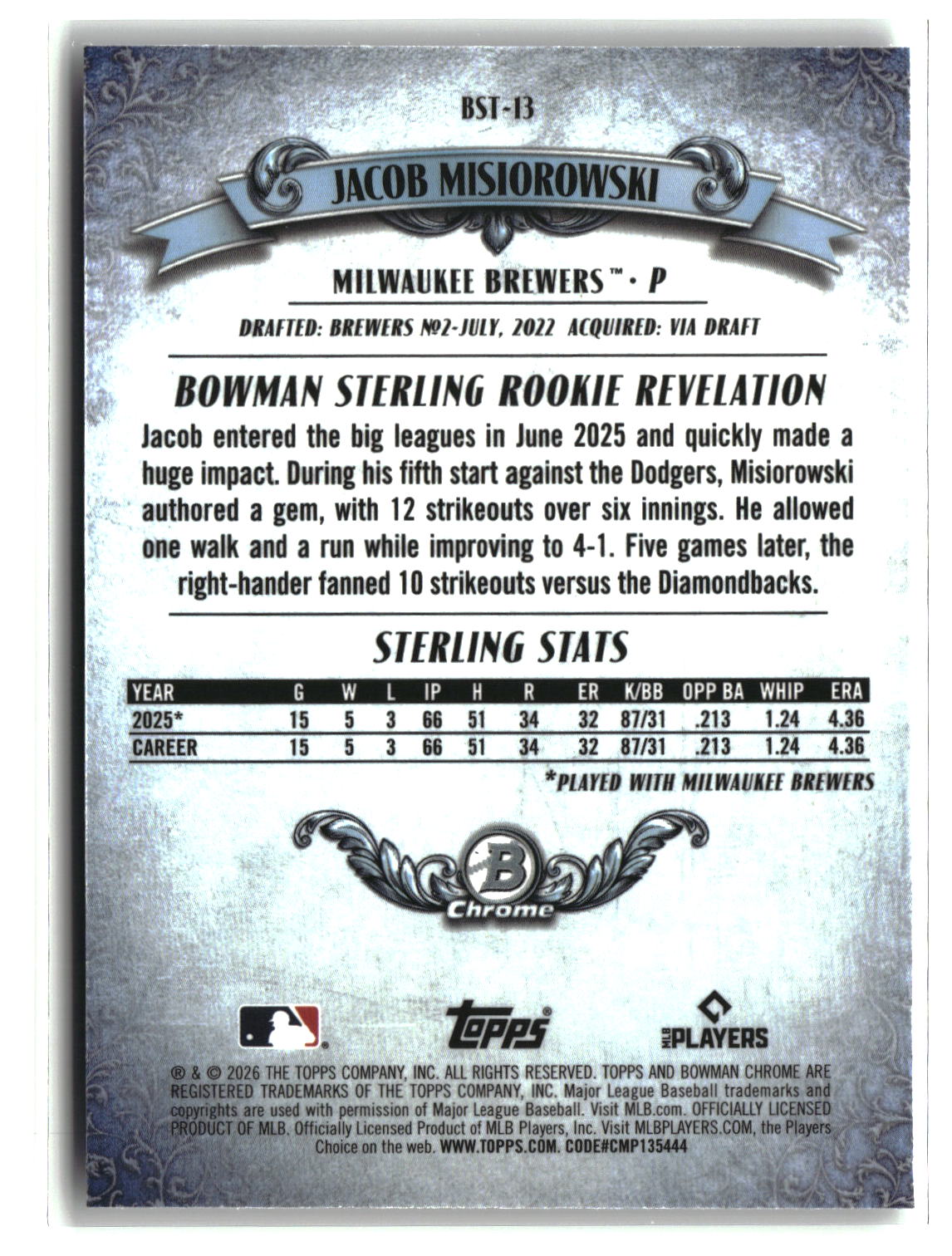 Jacob Misiorowski 2026 Topps Bowman Sterling Chrome #BST-13