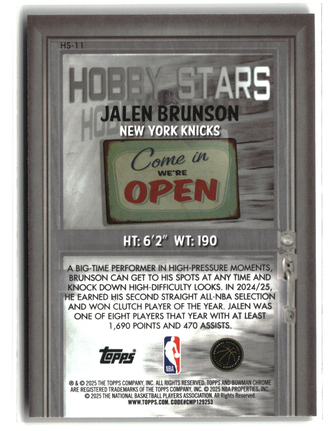 Jalen Brunson 2025 Bowman Chrome Hobby Stars #HS-11