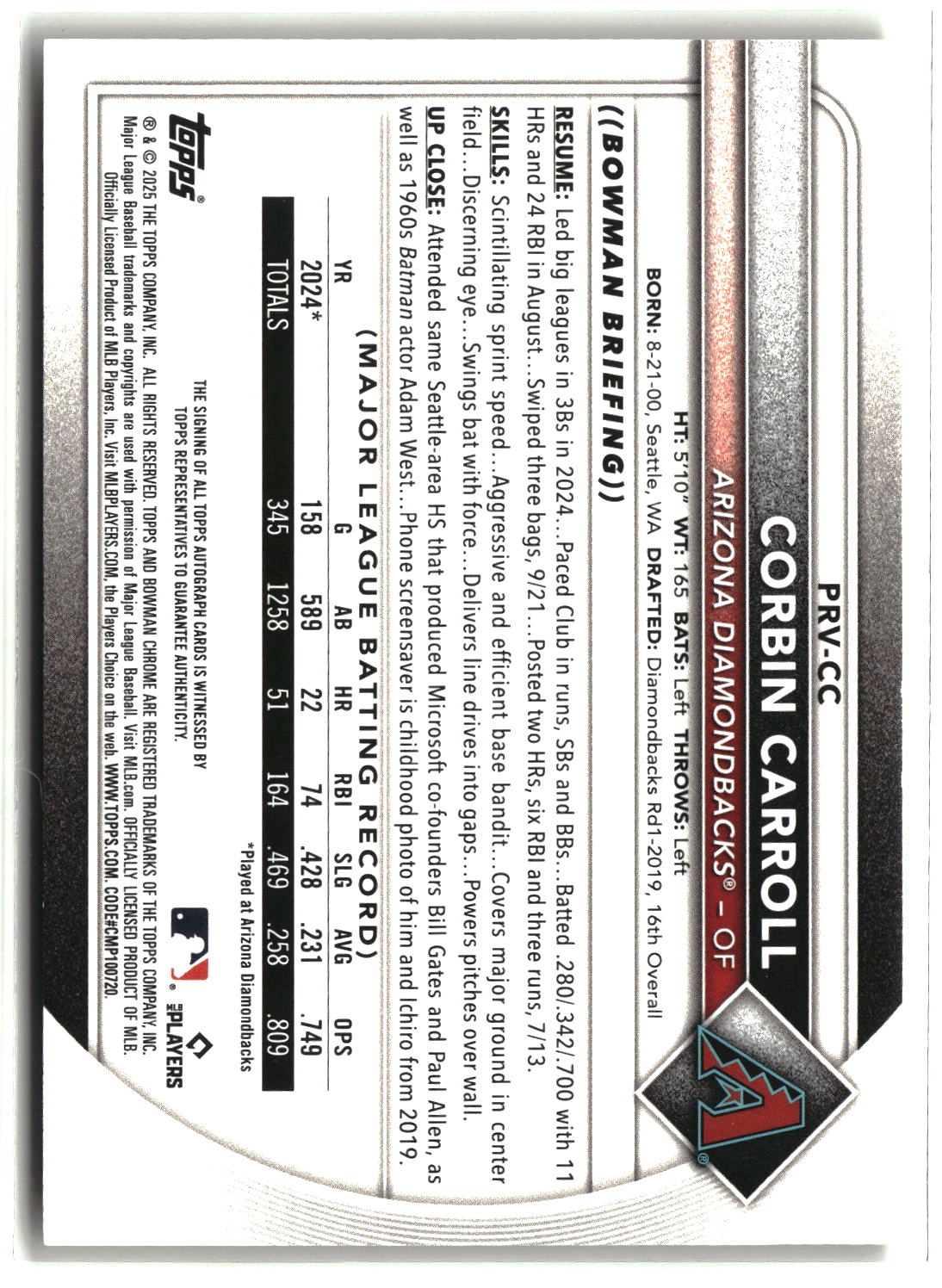 Corbin Carroll 2025 Topps Bowman Gold #PRV-CC 08/50