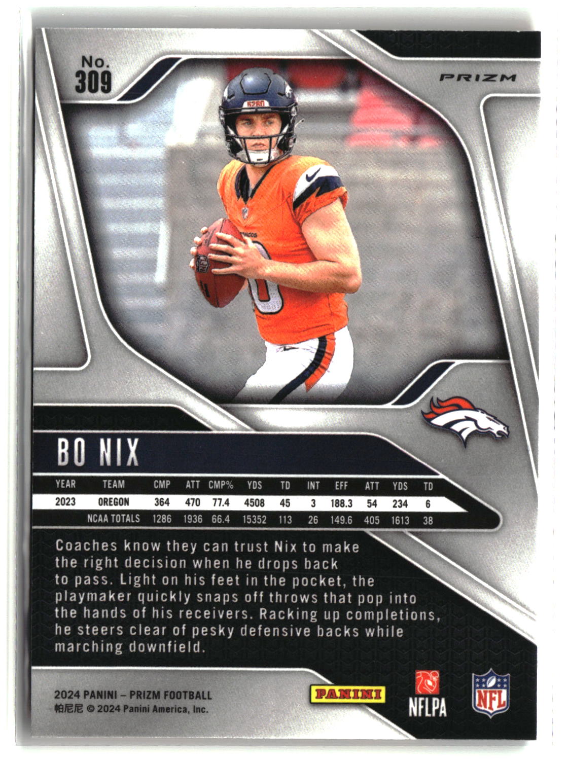 Bo Nix 2024 Panini Prizm Orange Cracked Ice #309