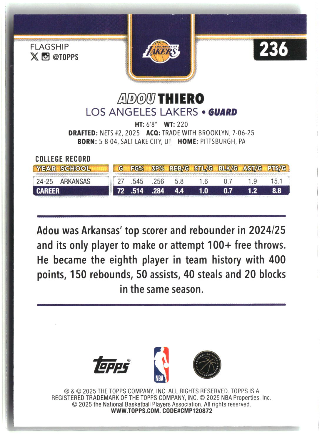 Adou Thiero 2025 Topps Flagship #236